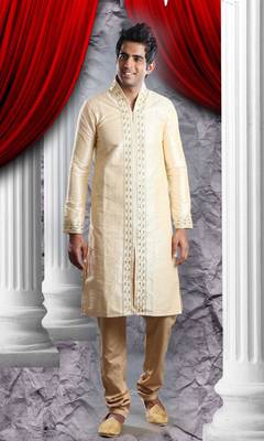 Light Gold Embroidered Art Dupion Silk Mens Kurta Pajama 1