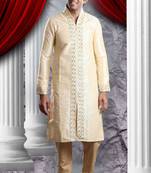 Light Gold Embroidered Art Dupion Silk Mens Kurta Pajama