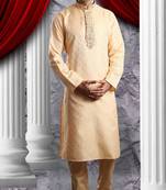 Gold Embroidered Art Dupion Silk Mens Kurta Pajama