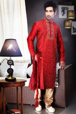 Reddish Maroon Embroidered Art Dupion Silk Mens Kurta Pajama 1
