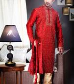 Reddish Maroon Embroidered Art Dupion Silk Mens Kurta Pajama