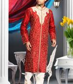 Marron Embroidered Art Dupion Silk Mens Kurta Pajama