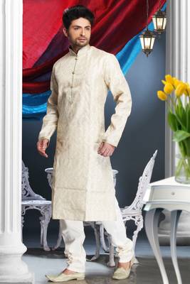 Cream Embroidered Jacquard Mens Kurta Pajama 1