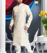 Cream Embroidered Jacquard Mens Kurta Pajama