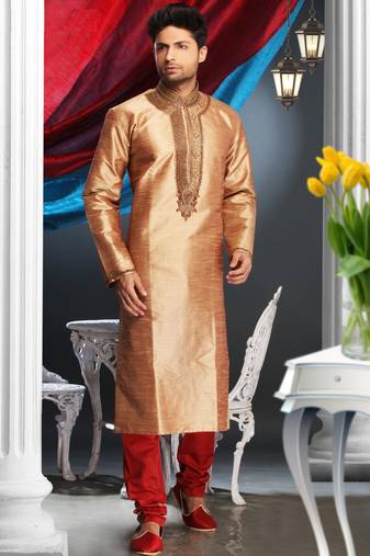 Rust Embroidered Art Dupion Silk Mens Kurta Pajama