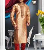 Rust Embroidered Art Dupion Silk Mens Kurta Pajama