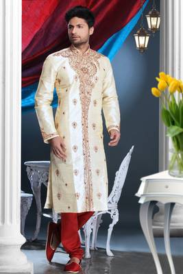 Golden Cotton Silk Thread Embroidered Kurta Pajama 1