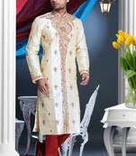 Golden Cotton Silk Thread Embroidered Kurta Pajama