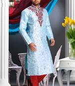 Light Blue Embroidered Art Dupion Silk Mens Kurta Pajama