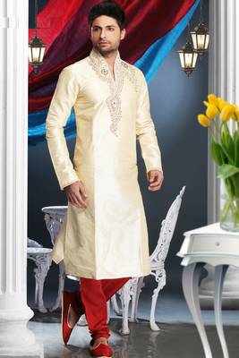 Gold Embroidered Art Dupion Silk Mens Kurta Pajama 1