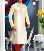 Gold Embroidered Art Dupion Silk Mens Kurta Pajama