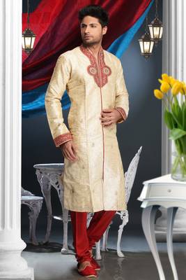 Gold Embroidered Art Dupion Silk Mens Kurta Pajama 1