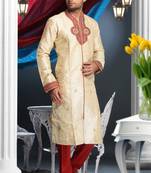 Gold Embroidered Art Dupion Silk Mens Kurta Pajama