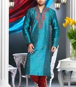 Rama Blue Embroidered Art Dupion Silk Mens Kurta Pajama
