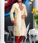 Gold Embroidered Art Dupion Silk Mens Kurta Pajama