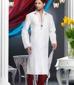 Off White  Embroidered Art Dupion Silk Mens Kurta Pajama