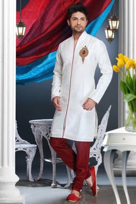 Off White  Embroidered Jacquard Mens Kurta Pajama 1