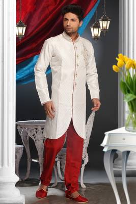 Off White  Embroidered Jacquard Mens Kurta Pajama 1