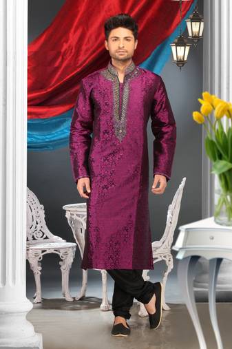 Purple Embroidered Jacquard Mens Kurta Pajama