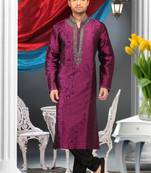 Purple Embroidered Jacquard Mens Kurta Pajama