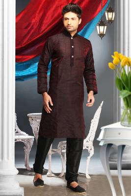 Marron Embroidered Jacquard Mens Kurta Pajama 1