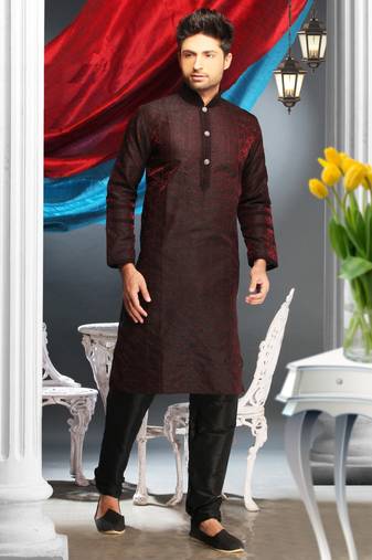 Marron Embroidered Jacquard Mens Kurta Pajama