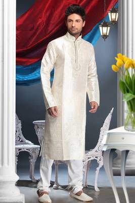 Cream Embroidered Brocade Mens Kurta Pajama 1