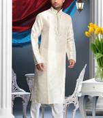 Cream Embroidered Brocade Mens Kurta Pajama