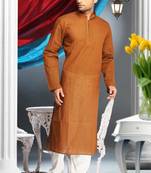 Rust Embroidered Cotton Mens Kurta Pajama