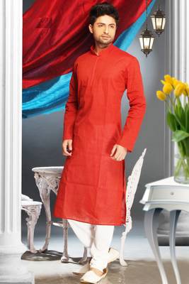 Red Embroidered Cotton Mens Kurta Pajama 1