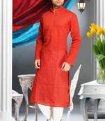 Red Embroidered Cotton Mens Kurta Pajama