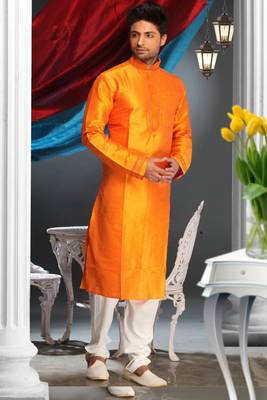 Mustard Embroidered Art Silk Mens Kurta Pajama 1