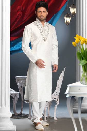 Off White Embroidered Jacquard Mens Kurta Pajama