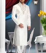 Off White Embroidered Jacquard Mens Kurta Pajama