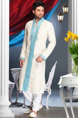 Cream Embroidered Art Silk Mens Kurta Pajama 1
