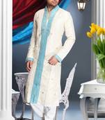 Cream Embroidered Art Silk Mens Kurta Pajama