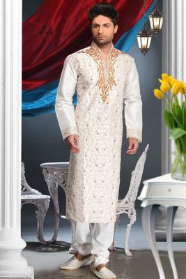 Off White Embroidered Art Silk Mens Kurta Pajama 1
