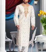 Off White Embroidered Art Silk Mens Kurta Pajama