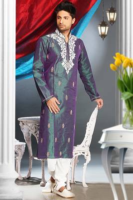 Green Embroidered Art Silk Mens Kurta Pajama 1