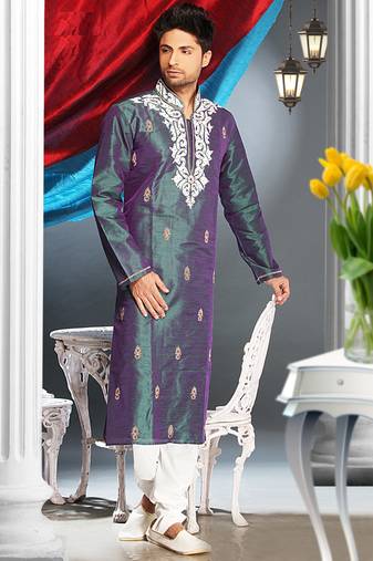 Green Embroidered Art Silk Mens Kurta Pajama