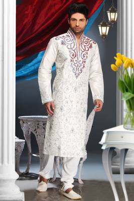 Off White Embroidered Art Silk Mens Kurta Pajama 1