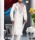 Off White Embroidered Art Silk Mens Kurta Pajama