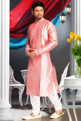 Pink Embroidered Art Silk Mens Kurta Pajama 1