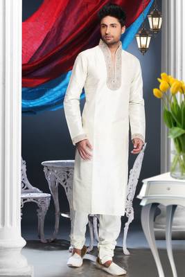 Cream Embroidered Art Silk Mens Kurta Pajama 1