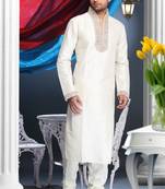 Cream Embroidered Art Silk Mens Kurta Pajama