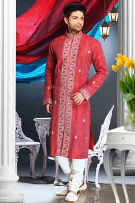 Marron Embroidered Art Silk Mens Kurta Pajama 1
