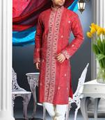 Marron Embroidered Art Silk Mens Kurta Pajama