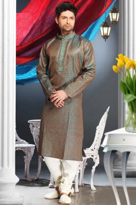 Brown Embroidered Jacquard Mens Kurta Pajama 1