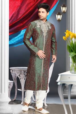Green Embroidered Art Silk Mens Kurta Pajama 1