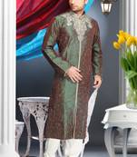 Green Embroidered Art Silk Mens Kurta Pajama